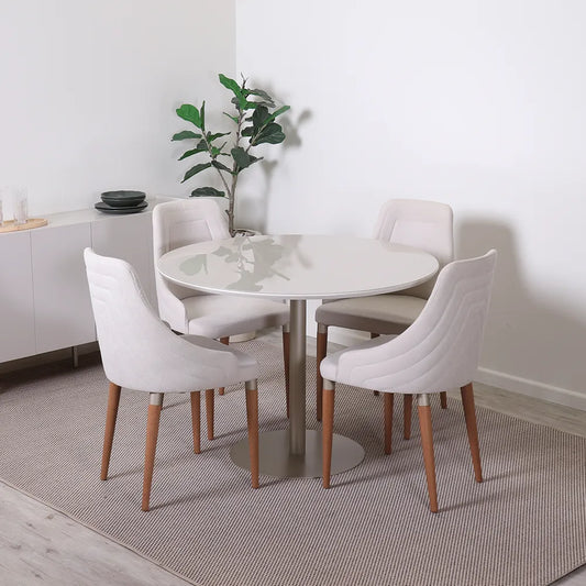 Conjunto de Jantar Mesa Redonda com Vidro Cloe 4 Cadeiras Evelyn - Champanhe c/ Off White