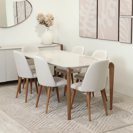 Conjunto de Jantar Mesa Retangular com Vidro Donatella com 6 Cadeiras New Drop - Natural c/ Off White