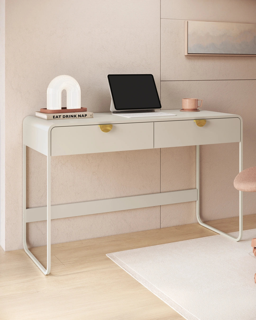 Escrivaninha Orgânica 2 Gavetas com Pés em Aço Dunna 125 cm - Off-White Fosco