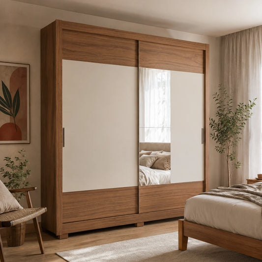 Guarda-Roupa Casal com Espelho 2 Portas de Correr 6 Gavetas Soho 240 cm - Canella c/ Off White