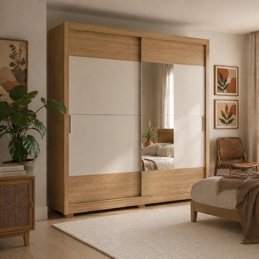 Guarda-Roupa Casal com Espelho 2 Portas de Correr 6 Gavetas Soho 240 cm - Carvalho c/ Off White