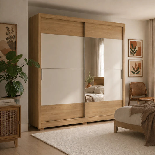 Guarda-Roupa Casal com Espelho 2 Portas de Correr 6 Gavetas Soho 240 cm - Carvalho c/ Off White