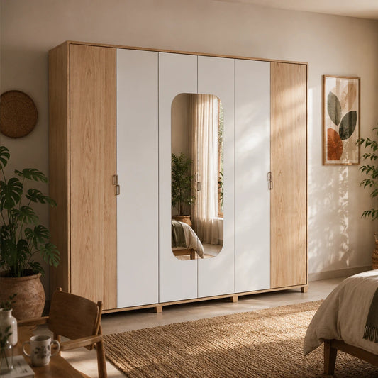 Guarda-Roupa Casal com Espelho 6 Portas 6 Gavetas 100% MDF Dayton 275 cm - Carvalho c/ Off White