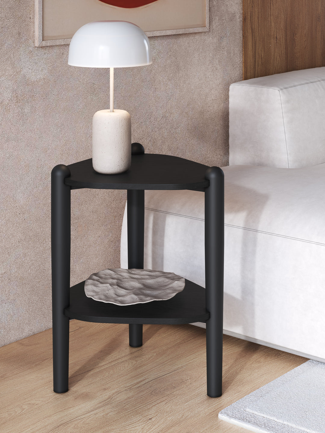 Mesa Lateral com Prateleira Orgânica com Pés em Madeira Maciça Mori 45 cm - Preto Fosco