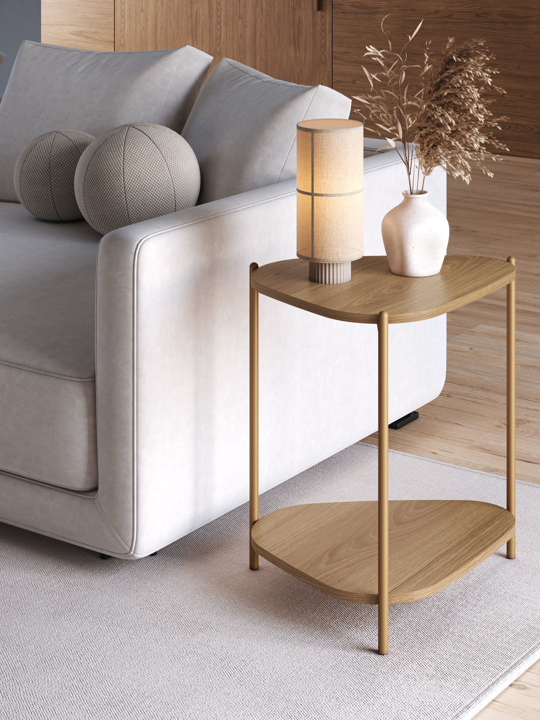 Mesa Lateral com Prateleira Orgânica e Pés em Aço Nami 44 cm - Mel c/ Dourado