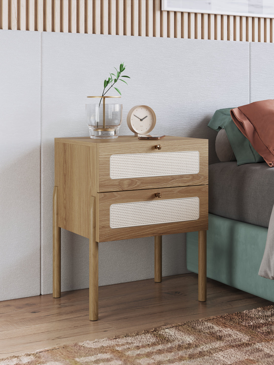 Mesa de Cabeceira 2 Gavetas com Pés em Madeira Maciça Urdi 48 cm - Mel