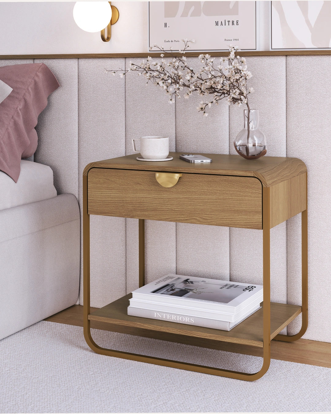 Mesa de Cabeceira 1 Gaveta 1 Prateleira Pés em Aço Dunna 60 cm - Mel c/ Dourado