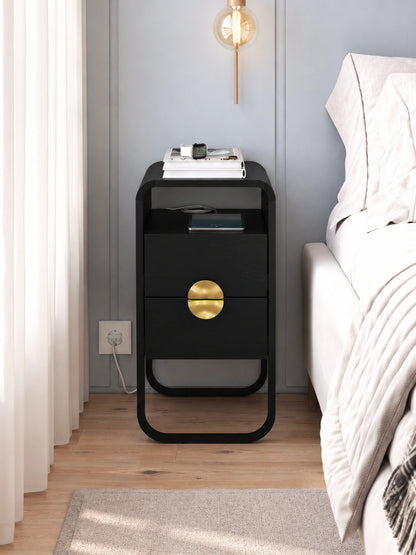 Mesa de Cabeceira com 2 Gavetas 1 Nicho Dunna 30 cm - Preto c/ Dourado