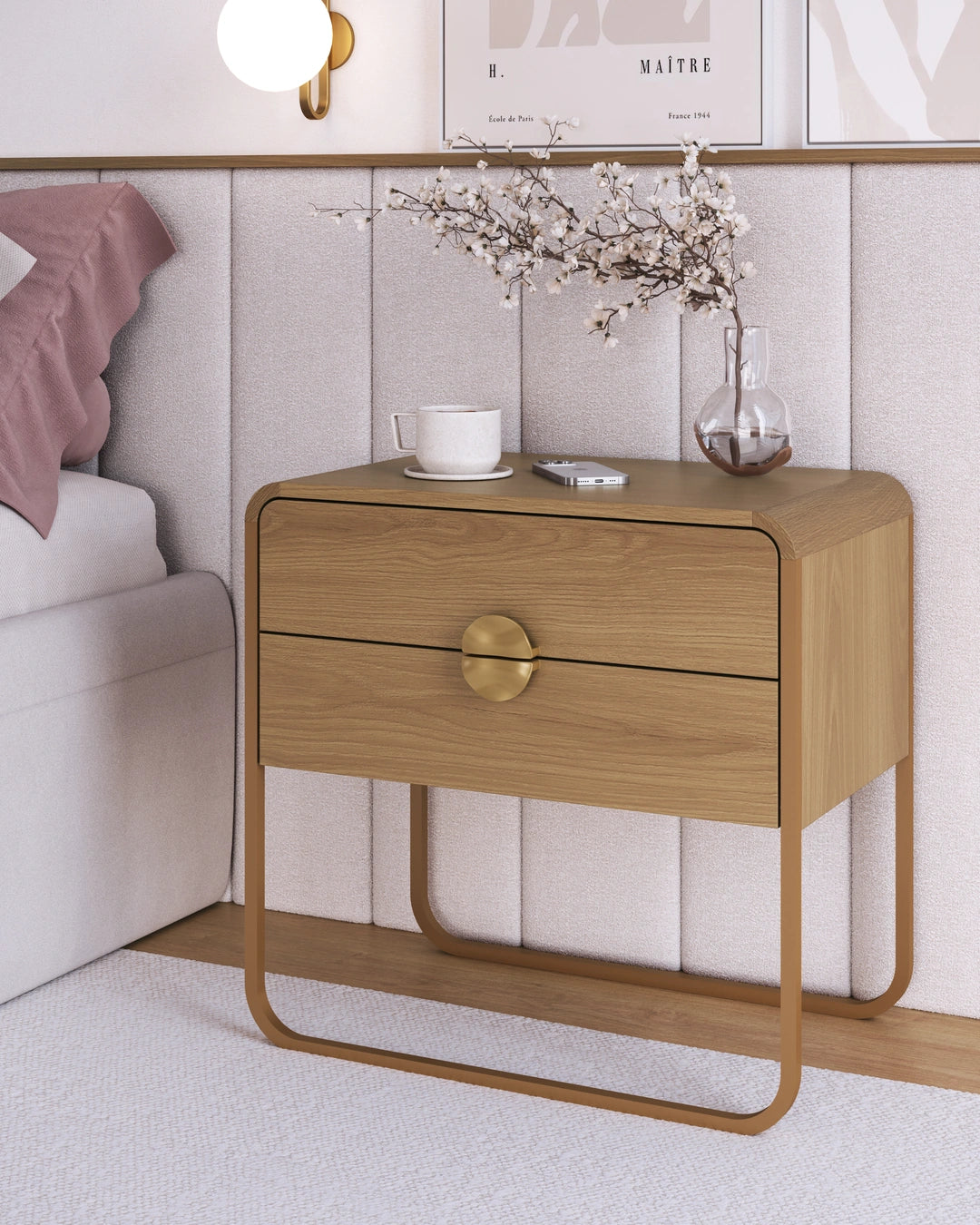 Mesa de Cabeceira 2 Gavetas Pés em Aço Dunna 60 cm - Mel c/ Dourado
