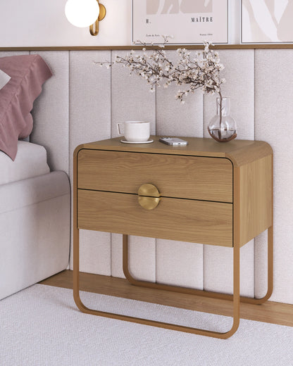 Mesa de Cabeceira 2 Gavetas Pés em Aço Dunna 60 cm - Mel c/ Dourado