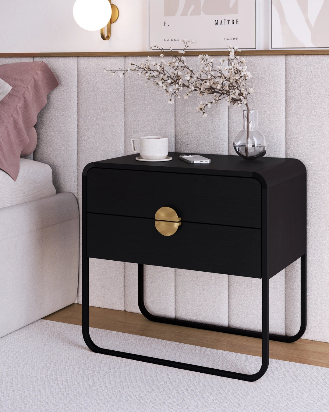 Mesa de Cabeceira com 2 Gavetas Dunna 60 cm - Preto c/ Dourado