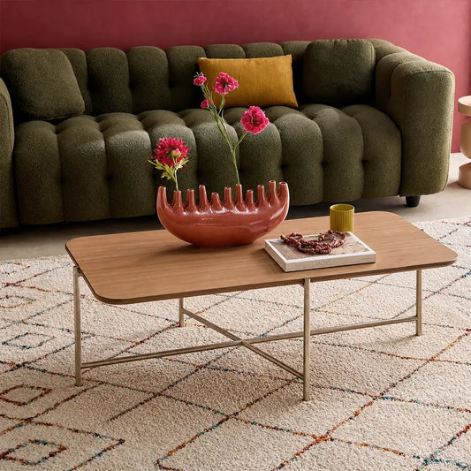 Mesa de Centro Retangular com pés em Metal Biophilia 93 cm - Mel c/ Champanhe