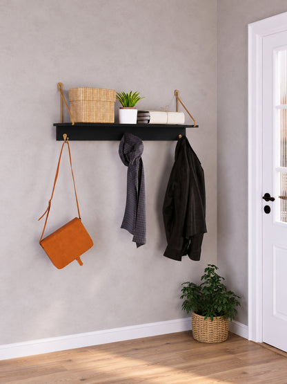 Prateleira Decorativa Multiuso com Ganchos Dunna 90 cm - Preto c/ Dourado