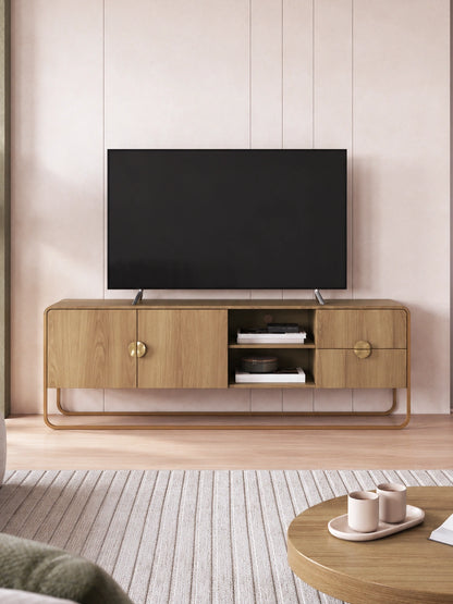 Rack Orgânico 2 Portas 2 Gavetas com Pés em Aço Dunna 180 cm - Mel c/ Dourado