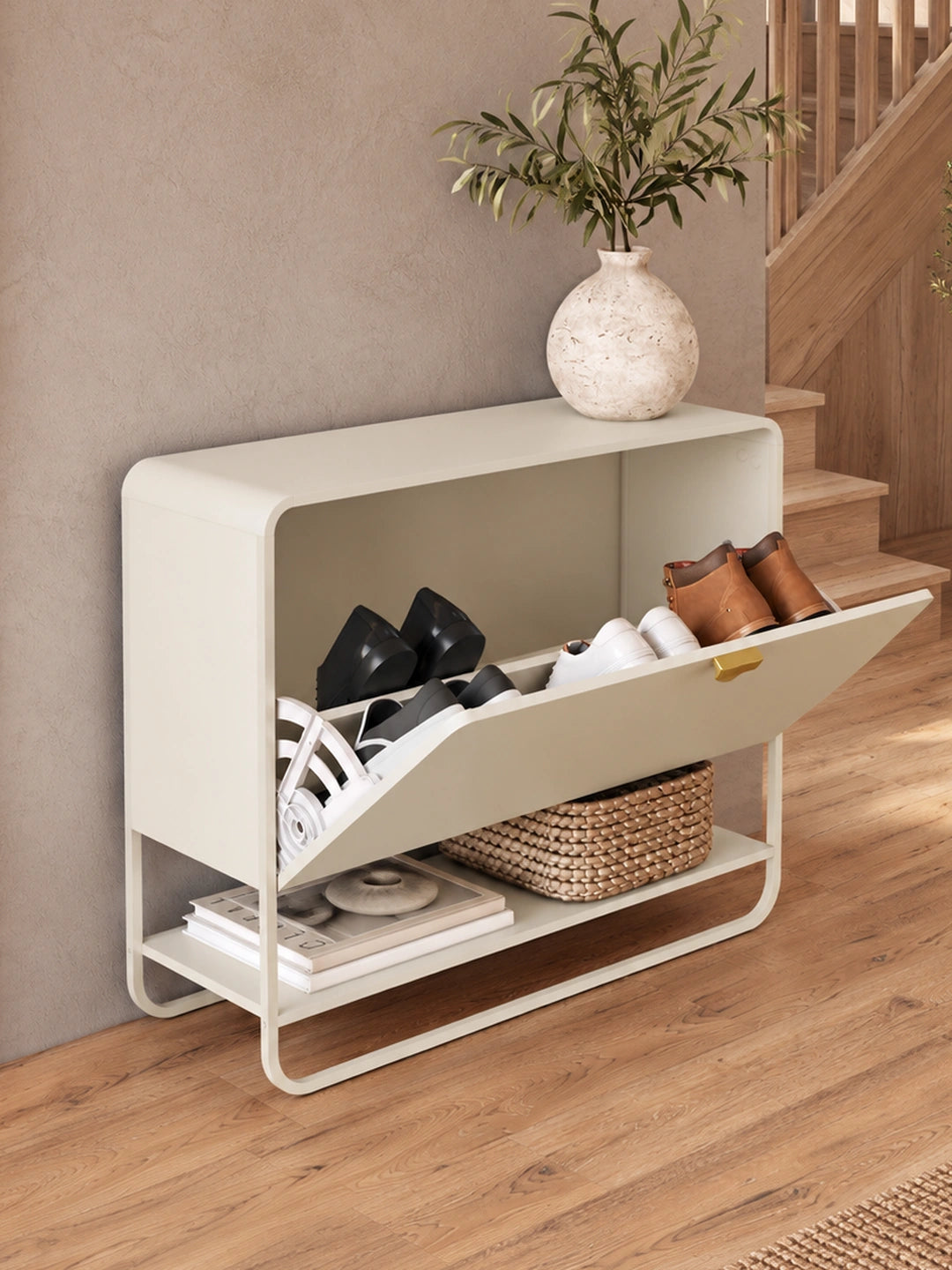 Sapateira Orgânica 1 Porta com Pés em Aço Dunna 93 cm - Off-White Fosco