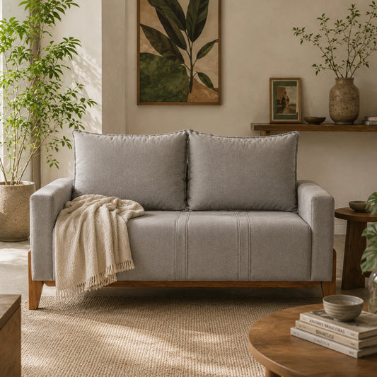 Sofá 2 Lugares Elio 148 cm - Linho Cinza c/ Mel