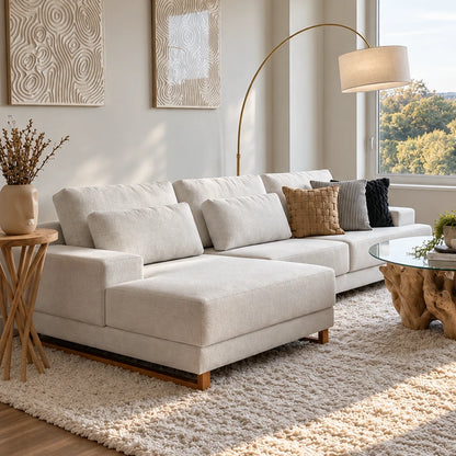 Sofá 6 Lugares com Chaise Lado Esquerdo Mônaco 300 cm - Linho Texturizado Bege c/ Natural