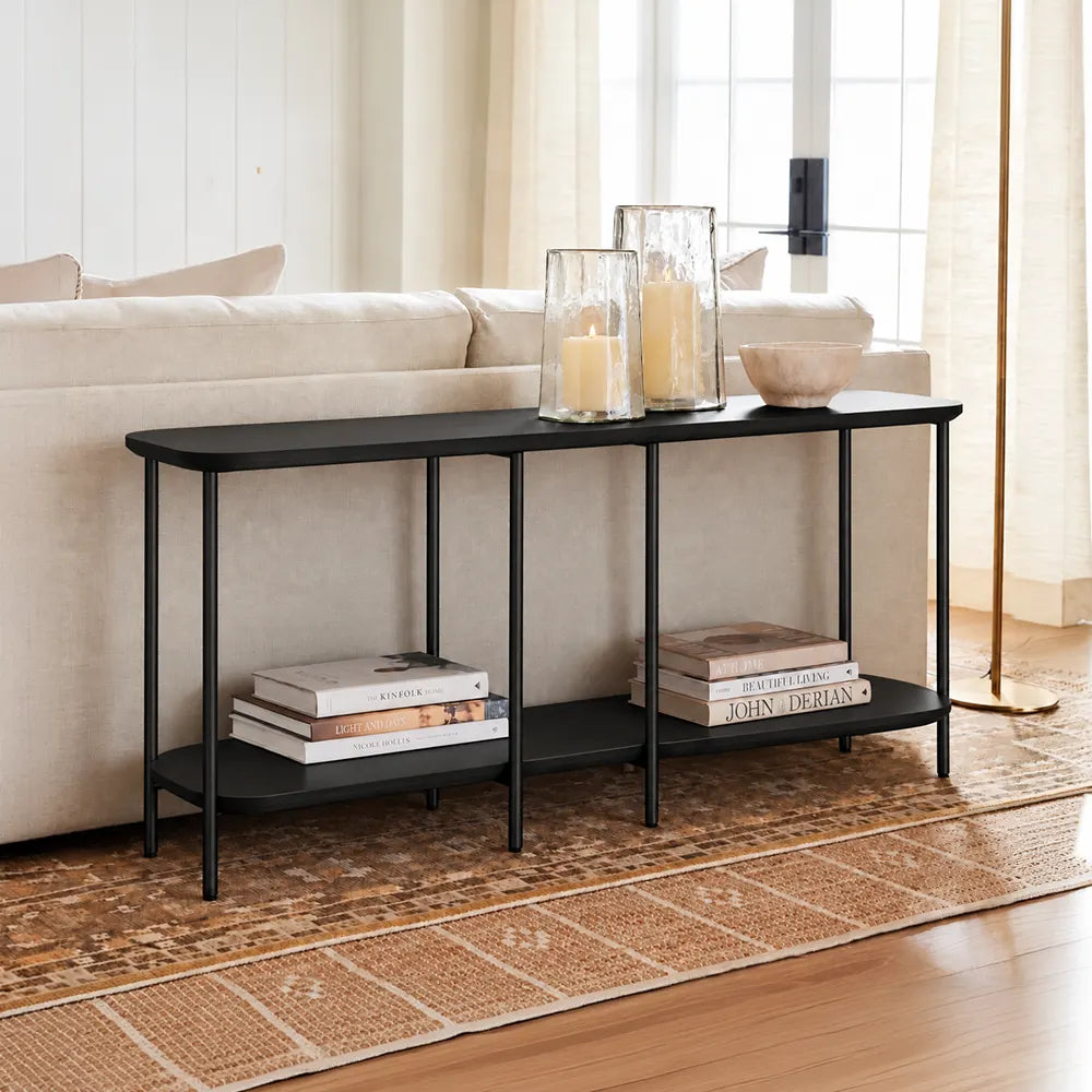 Sofá Table com Tampo em Lâmina de Madeira e pés em Metal Biophilia 140 cm - Preto