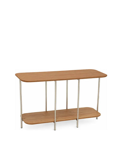 Sofá Table com Tampo em Lâmina de Madeira e pés em Metal Biophilia 90 cm - Mel c/ Champanhe