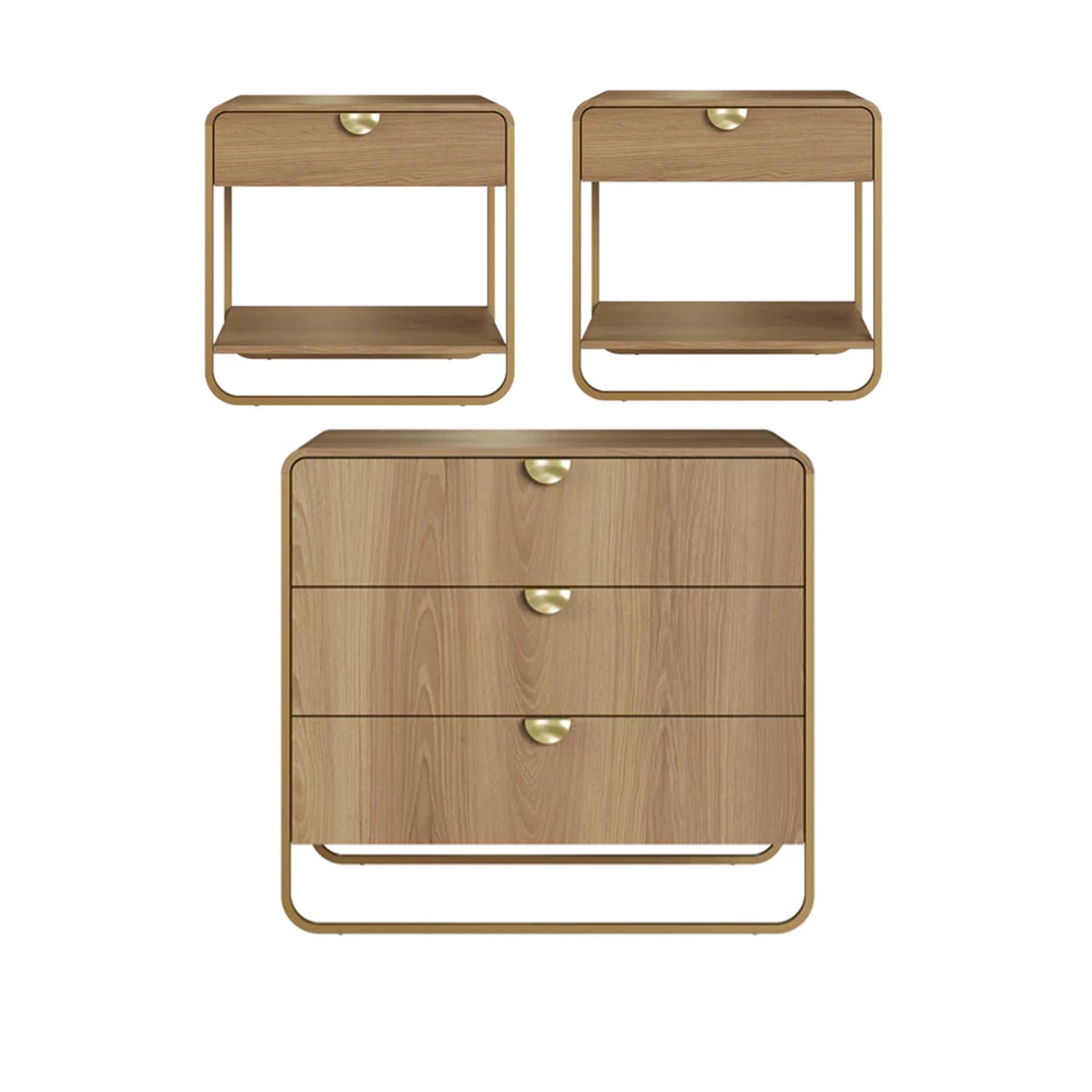 Conjunto 2 Mesas de Cabeceira com 1 Gaveta e Cômoda Dunna - Mel c/ Dourado