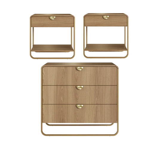 Conjunto 2 Mesas de Cabeceira com 1 Gaveta e Cômoda Dunna - Mel c/ Dourado