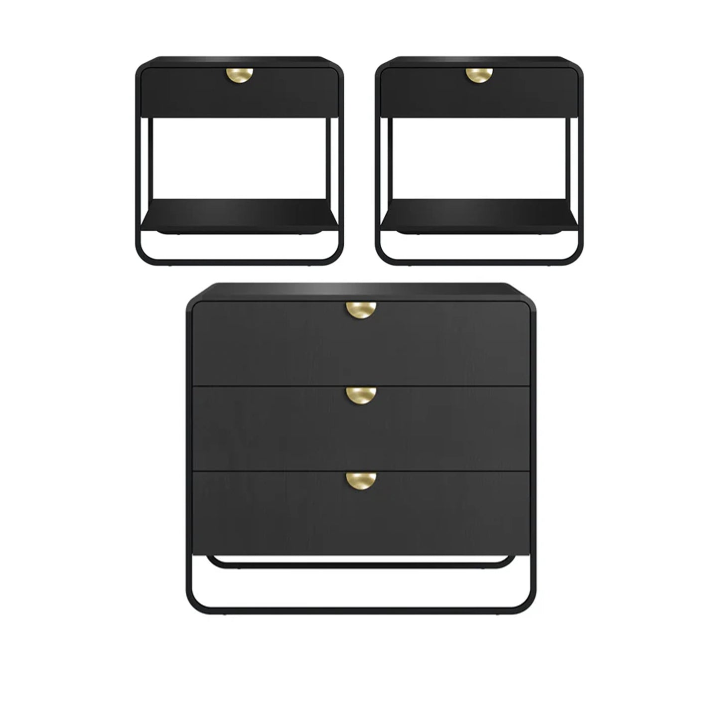 Conjunto 2 Mesas de Cabeceira com 1 Gaveta e Cômoda Dunna - Preto c/ Dourado