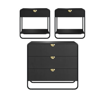 Conjunto 2 Mesas de Cabeceira com 1 Gaveta e Cômoda Dunna - Preto c/ Dourado