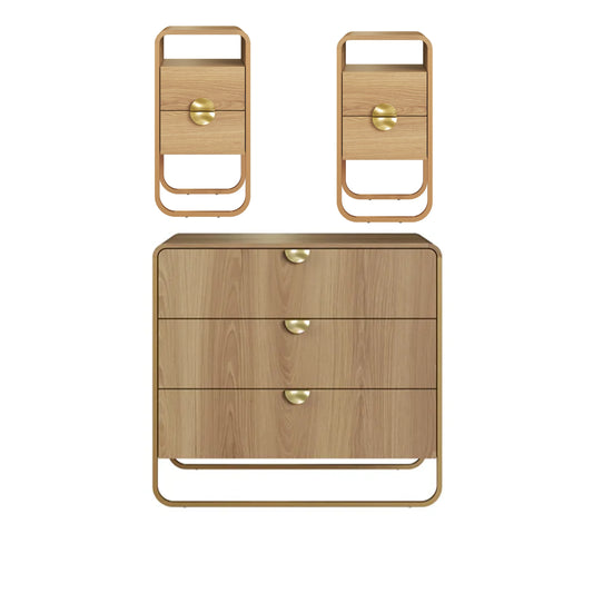 Conjunto 2 Mesas de Cabeceira com 2 Gavetas 1 Nicho e Cômoda Dunna - Mel c/ Dourado