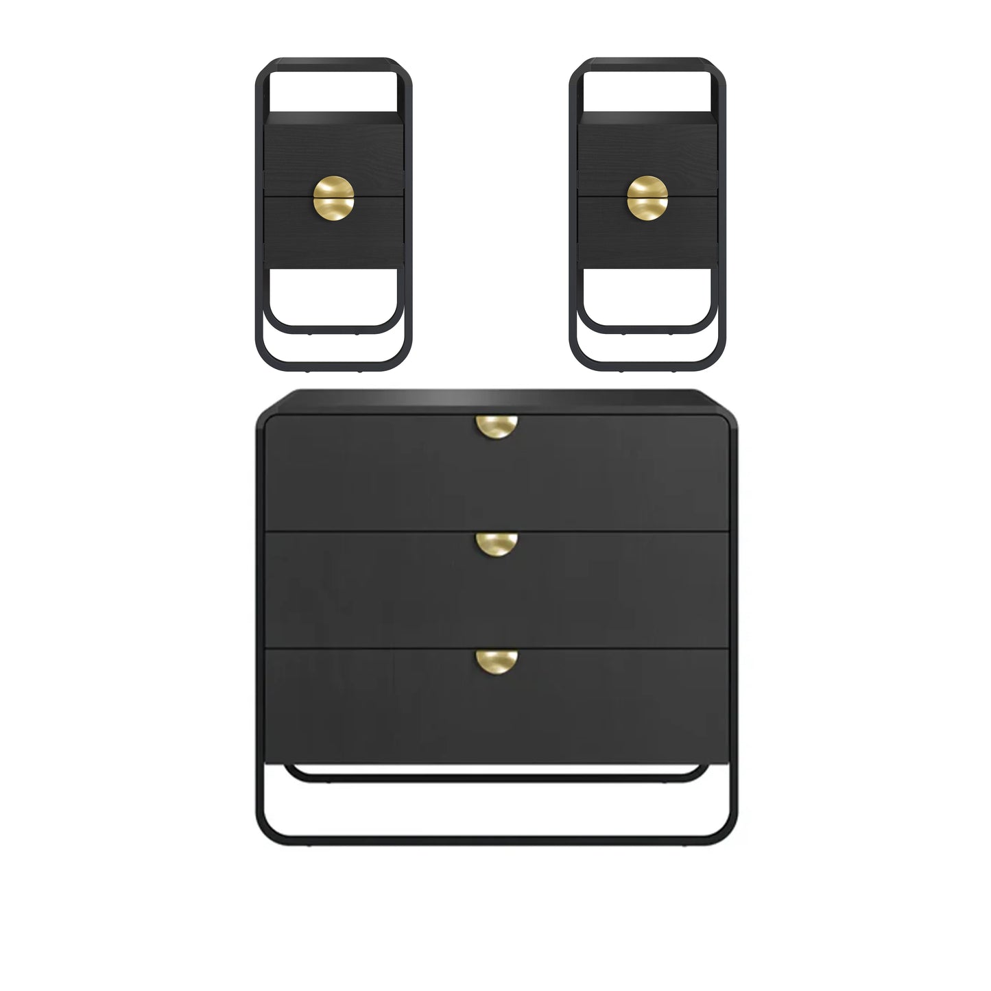 Conjunto 2 Mesas de Cabeceira com 2 Gavetas 1 Nicho e Cômoda Dunna - Preto c/ Dourado