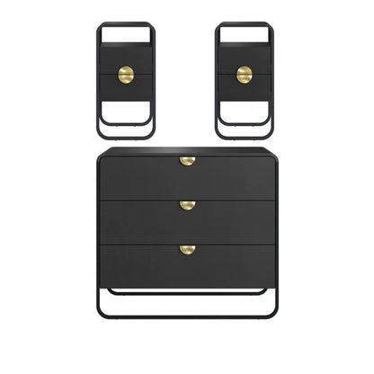 Conjunto 2 Mesas de Cabeceira com 2 Gavetas 1 Nicho e Cômoda Dunna - Preto c/ Dourado