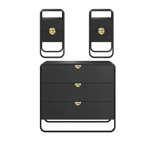 Conjunto 2 Mesas de Cabeceira com 2 Gavetas 1 Nicho e Cômoda Dunna - Preto c/ Dourado