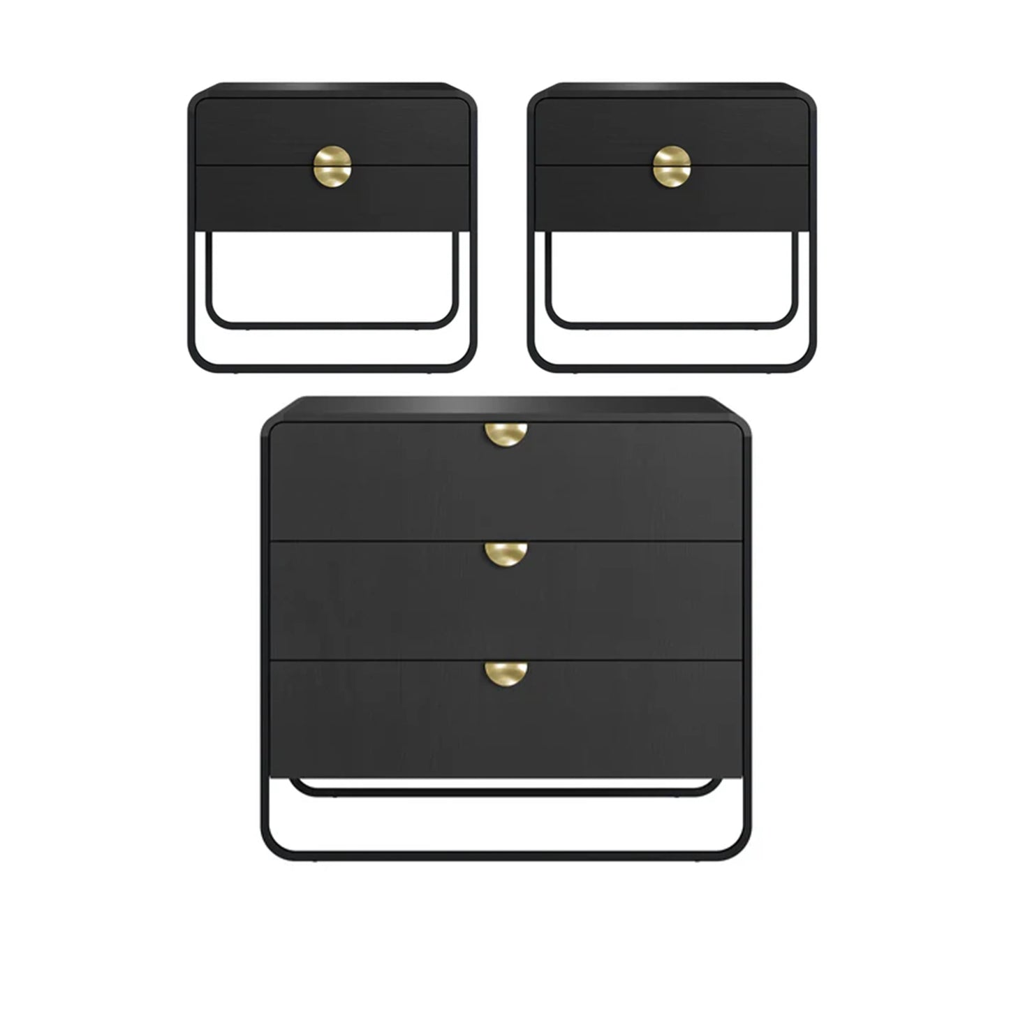 Conjunto 2 Mesas de Cabeceira com 2 Gavetas e Cômoda Dunna - Preto c/ Dourado