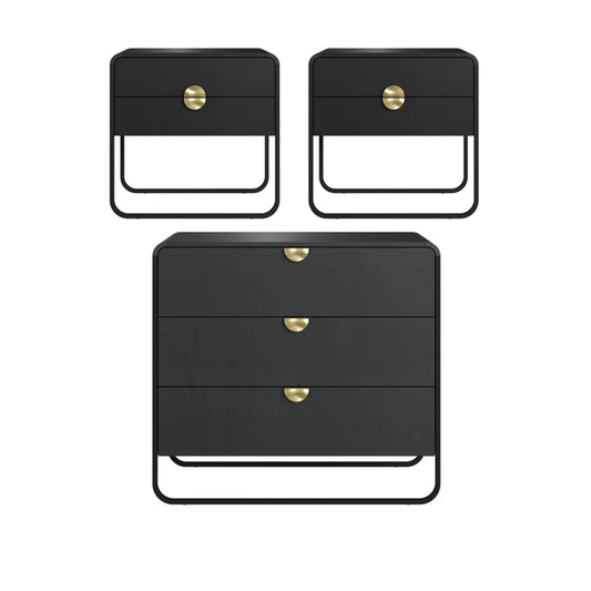 Conjunto 2 Mesas de Cabeceira com 2 Gavetas e Cômoda Dunna - Preto c/ Dourado