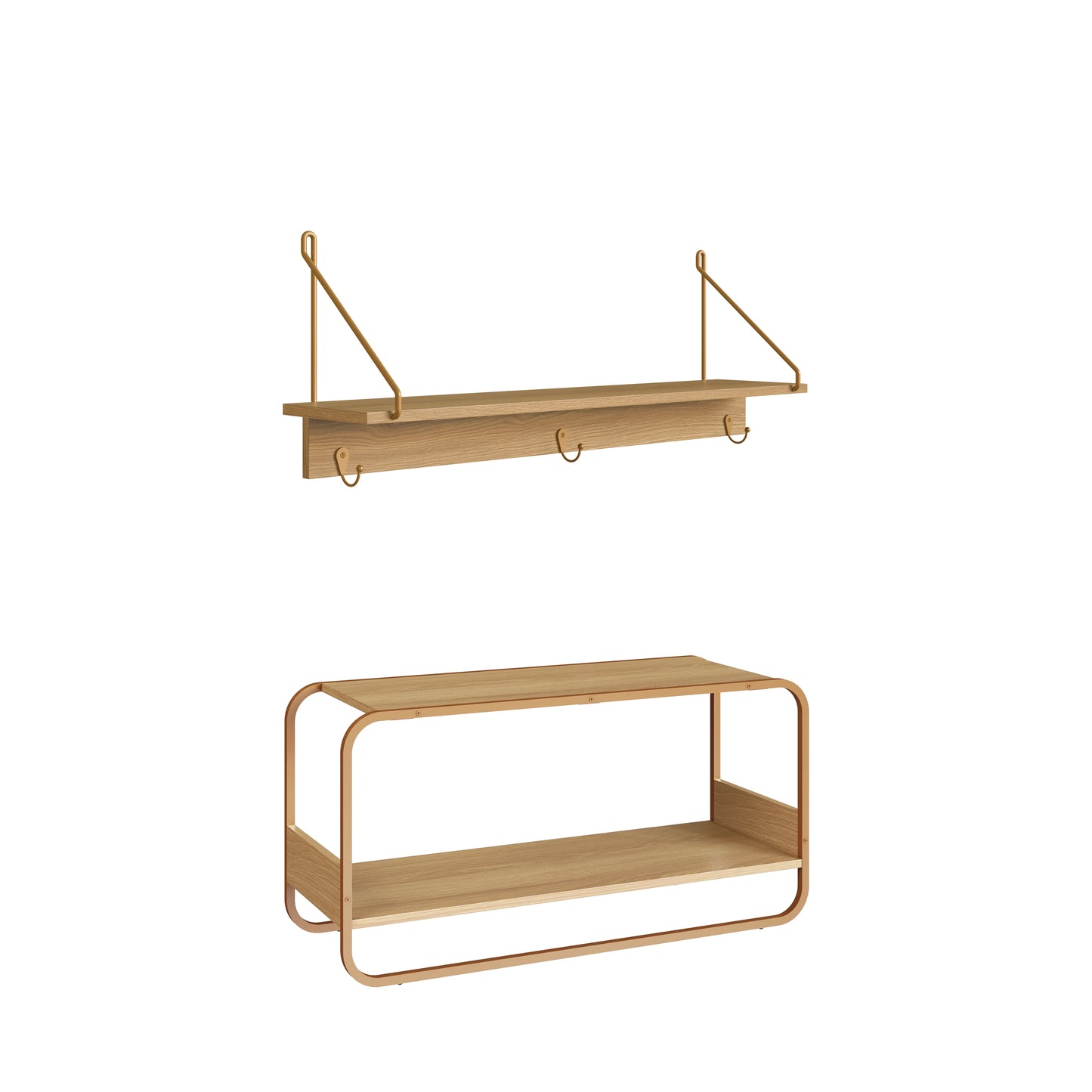 Conjunto Banco 1 Lugar com Prateleira 3 Ganchos Dunna - Mel c/ Dourado