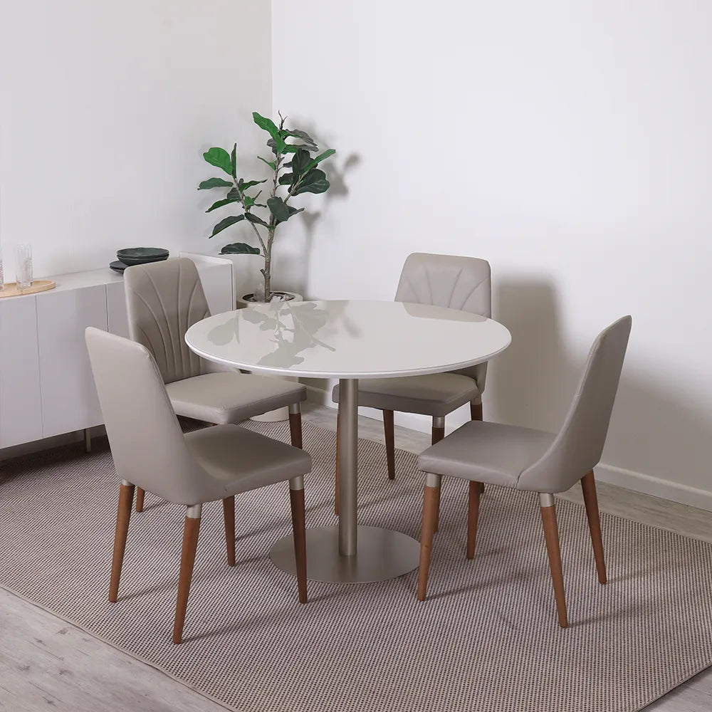 Conjunto de Jantar Mesa Redonda com Vidro Cloe 4 Cadeiras Lara - Champanhe c/ Off White - Fendi