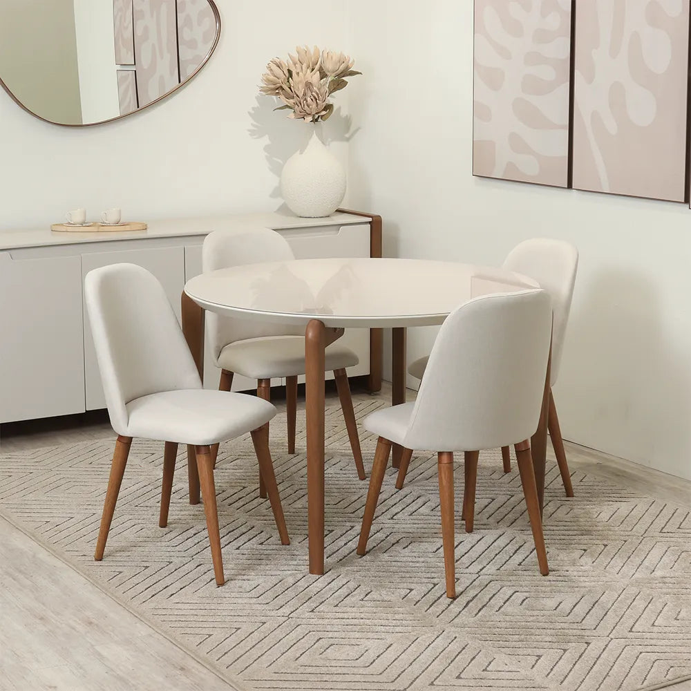 Conjunto de Jantar Mesa Redonda com Vidro Donatella com 4 Cadeiras New Drop - Natural c/ Off White