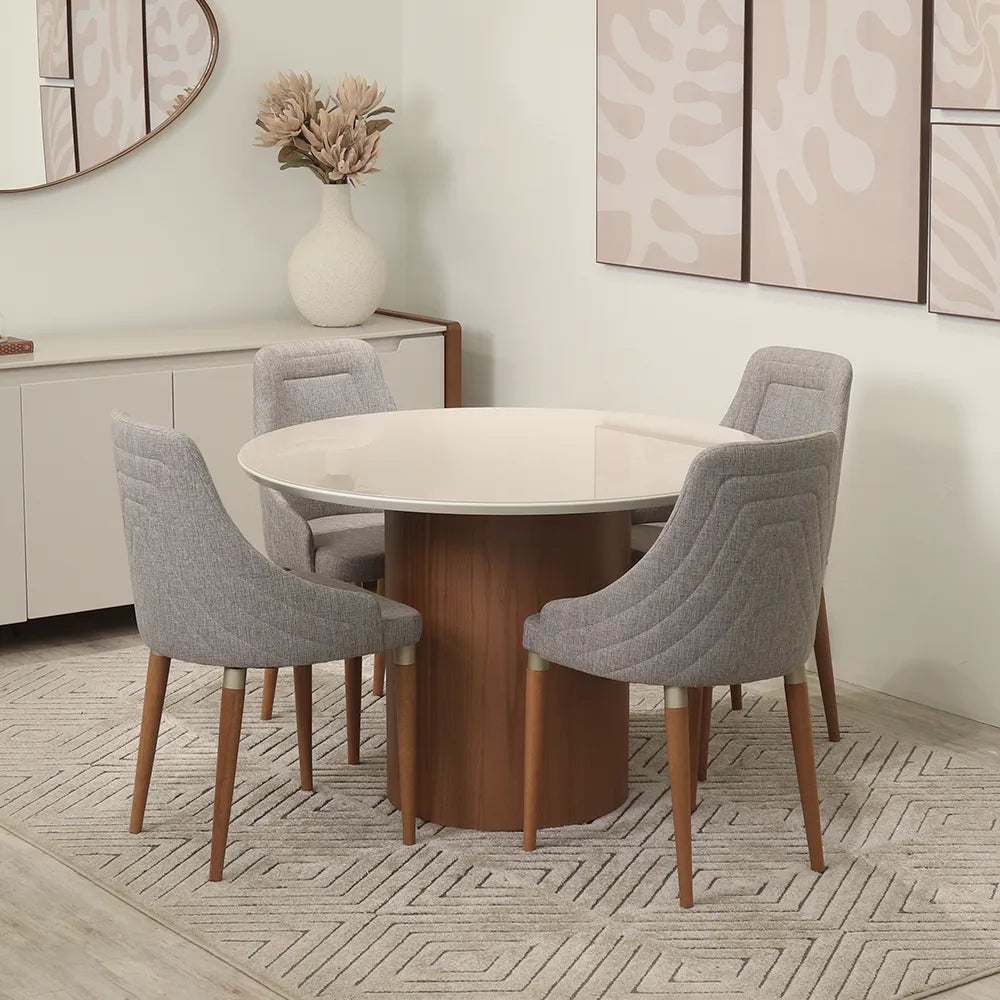 Conjunto de Jantar Mesa Redonda com Vidro Kalina 4 Cadeiras Evelyn - Canella c/ Cinza