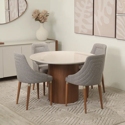 Conjunto de Jantar Mesa Redonda com Vidro Kalina 4 Cadeiras Evelyn - Canella c/ Cinza