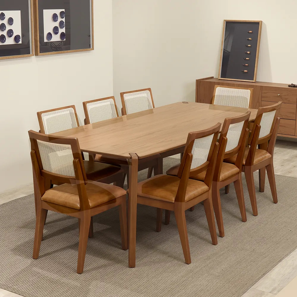 Conjunto de Jantar Mesa Retangular Harmony 8 Cadeiras Saga - Natural c/ Caramelo
