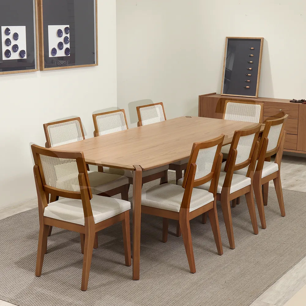 Conjunto de Jantar Mesa Retangular Harmony 8 Cadeiras Saga - Natural c/ Cru