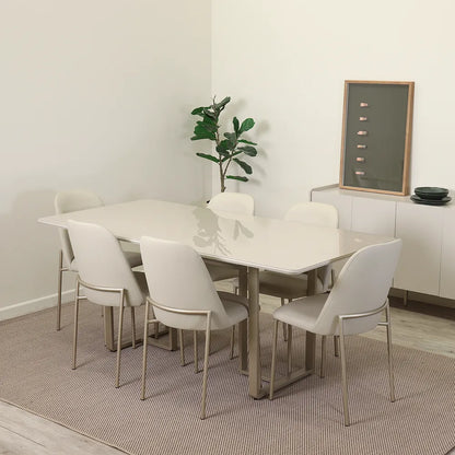 Conjunto de Jantar Mesa Retangular com Vidro Arcádia 6 Cadeiras Lucille - Champanhe c/ Off White
