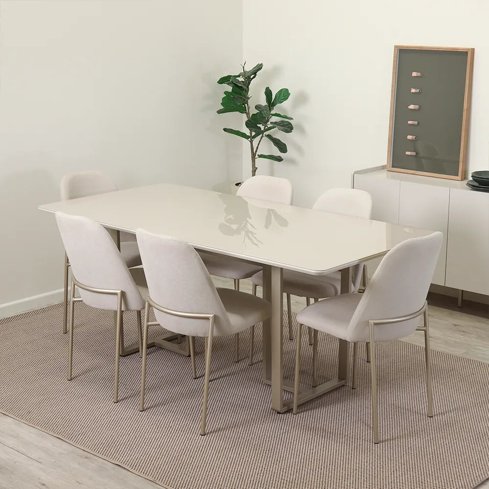 Conjunto de Jantar Mesa Retangular com Vidro Arcádia 6 Cadeiras Lucille - Champanhe c/ Off White - Palha