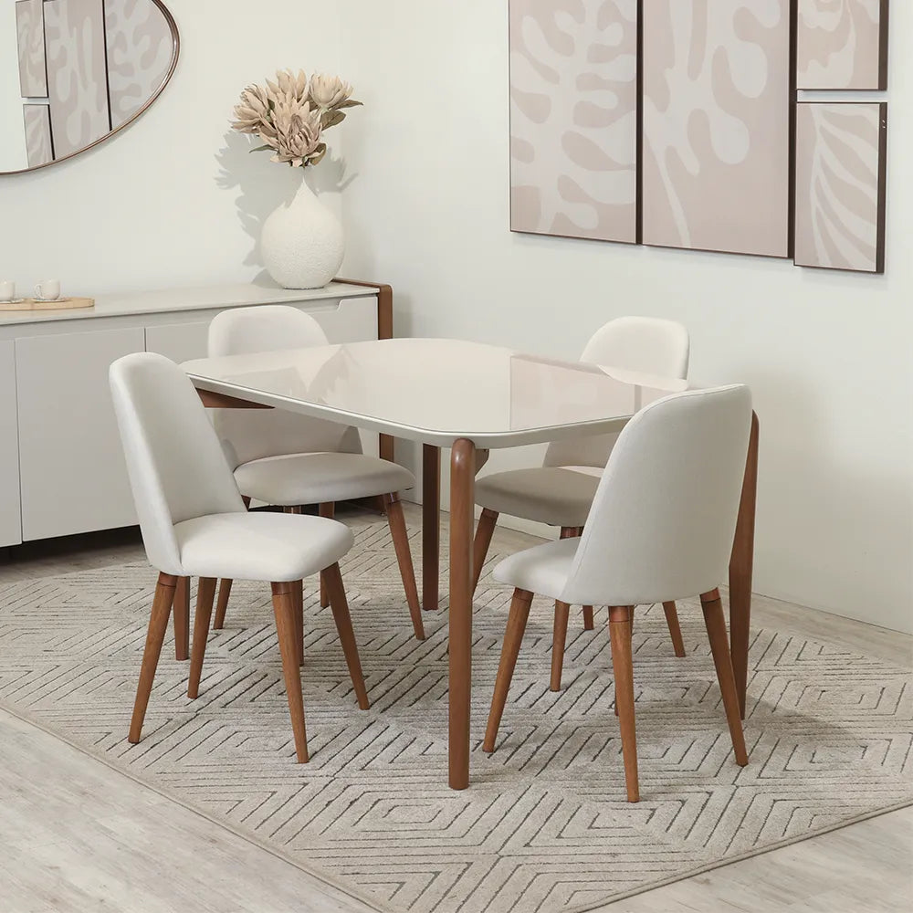 Conjunto de Jantar Mesa Retangular com Vidro Donatella com 4 Cadeiras New Drop - Natural c/ Off White