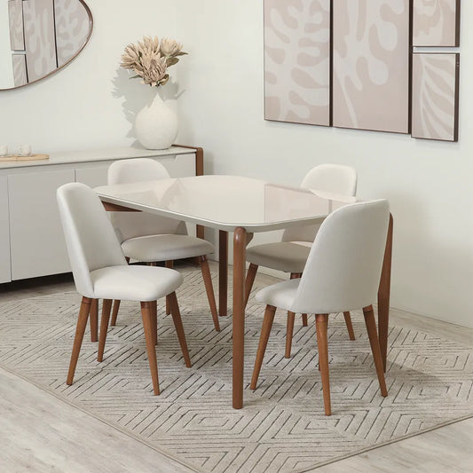 Conjunto de Jantar Mesa Retangular com Vidro Donatella com 4 Cadeiras New Drop - Natural c/ Off White