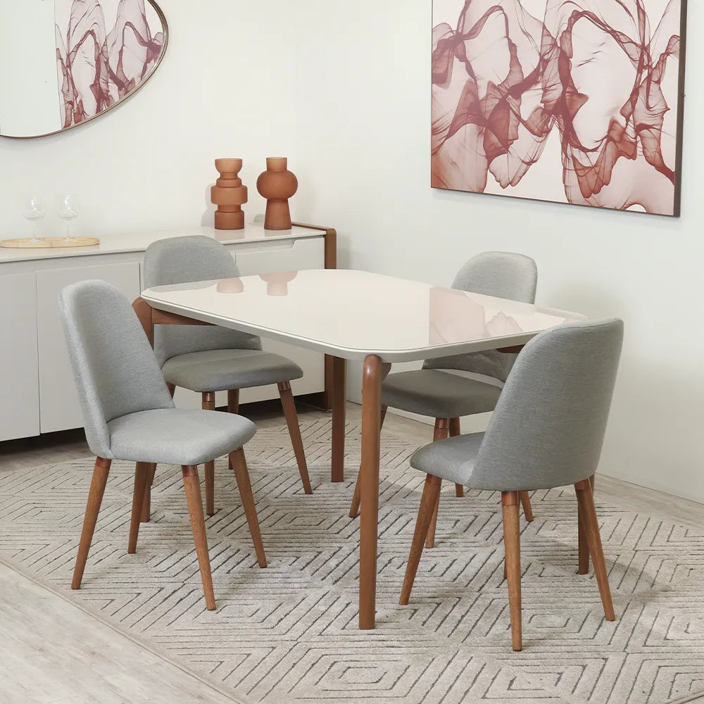 Conjunto de Jantar Mesa Retangular com Vidro Donatella com 4 Cadeiras New Drop - Natural c/ Cinza