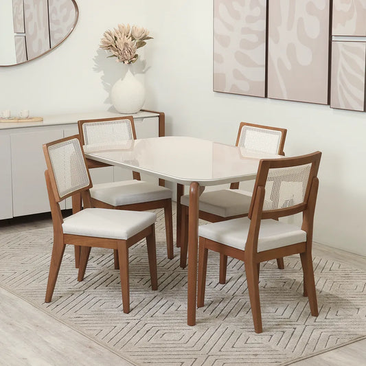 Conjunto de Jantar Mesa Retangular com Vidro Donatella com 4 Cadeiras Saga - Natural c/ Cru