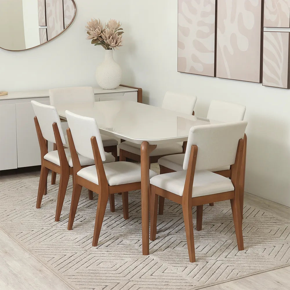 Conjunto de Jantar Mesa Retangular com Vidro Donatella com 6 Cadeiras Ella - Natural c/ Off White