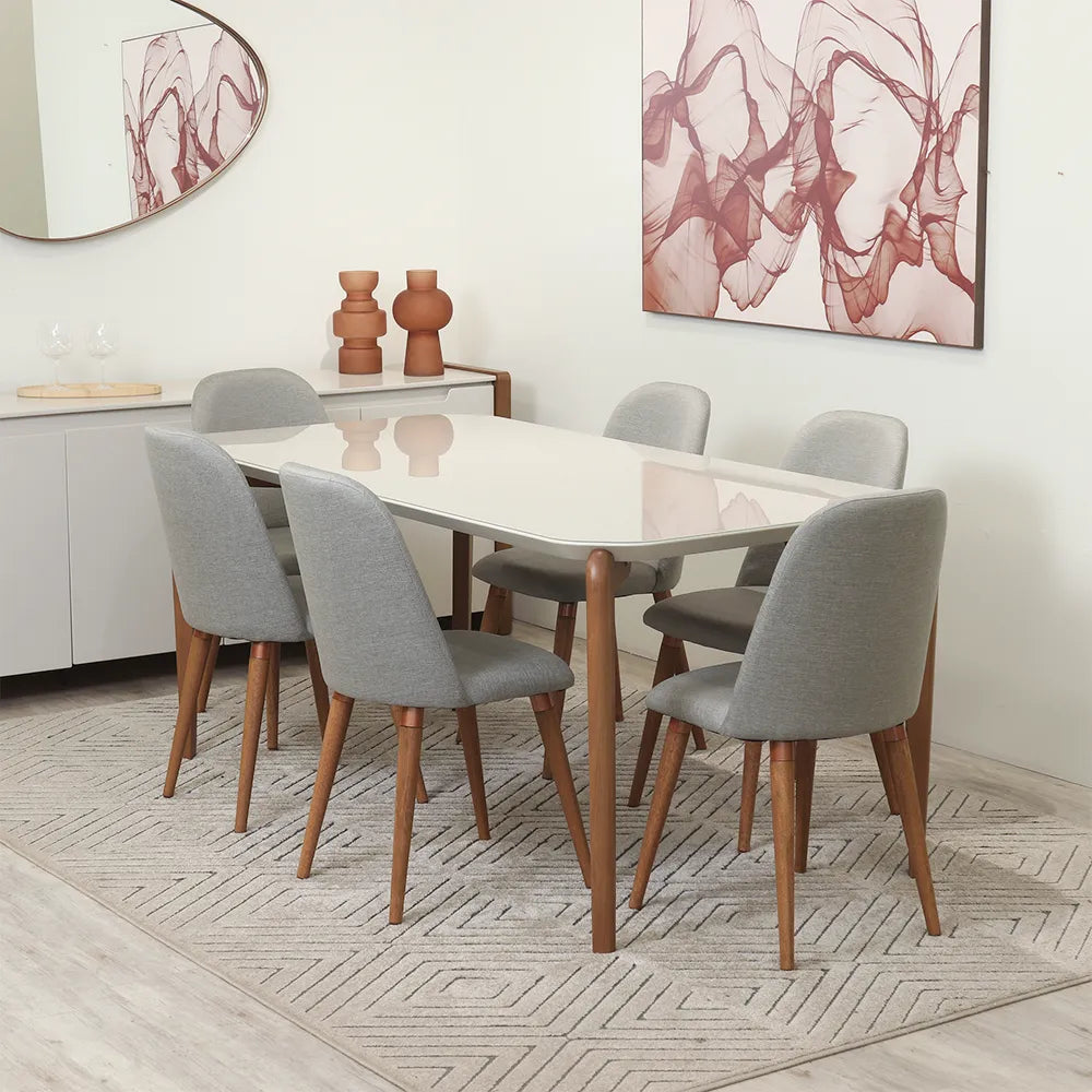 Conjunto de Jantar Mesa Retangular com Vidro Donatella com 6 Cadeiras New Drop - Natural c/ Cinza