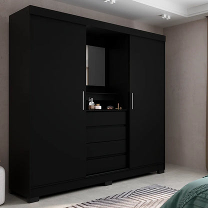 Guarda-Roupa Casal com Espelho 2 Portas de Correr 4 Gavetas Finley 184 cm - Preto