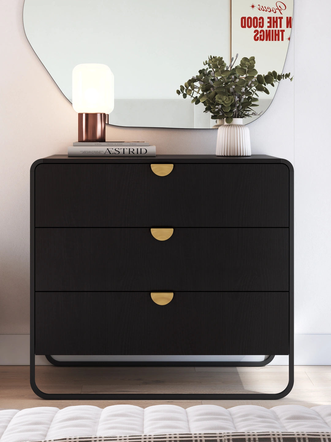 Cômoda 3 Gavetas Pés em Aço Dunna 90 cm - Preto c/ Dourado
